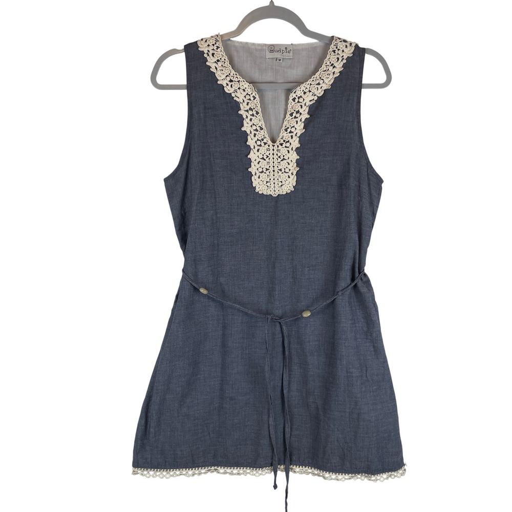 Mud Pie Blue Cotton Crochet Lace Trim V-Neck Sleeveless Tunic Dress Womens M